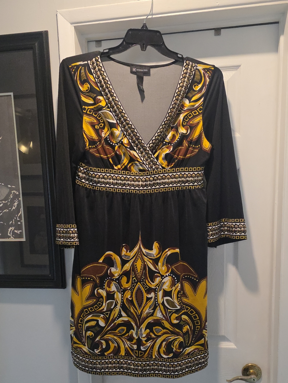INC International Concepts Black V‑Neck Dress with Yellow & Gold Print